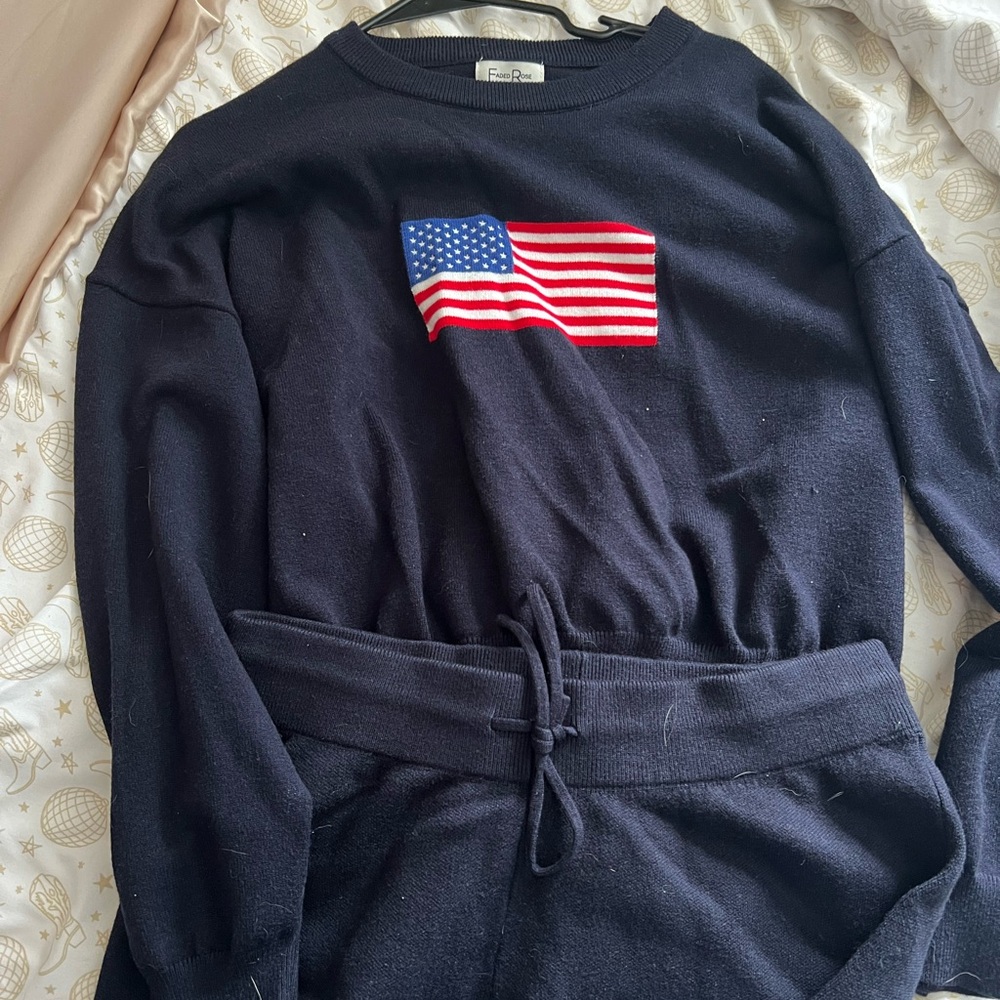 Faded Rose Blue American Flag Crewneck Sweater Set